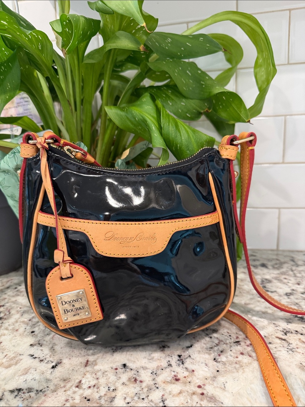 Dooney & Bourke Black Patent Crossbody with Tan Trim